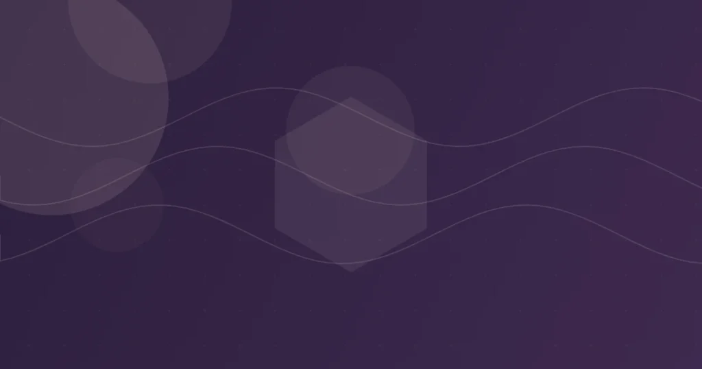 Decorative abstract design: dark purple gradient with overlapping translucent circles and wavy lines.