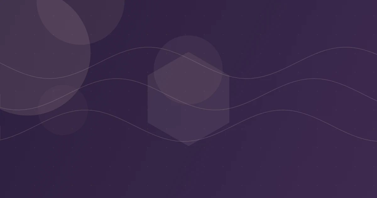 Decorative abstract design: dark purple gradient with overlapping translucent circles and wavy lines.