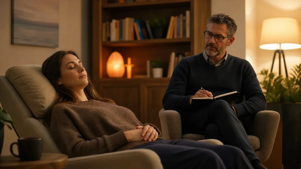 Woman rests on a sofa with eyes closed as a male therapist in glasses takes notes in a warm living room setting.