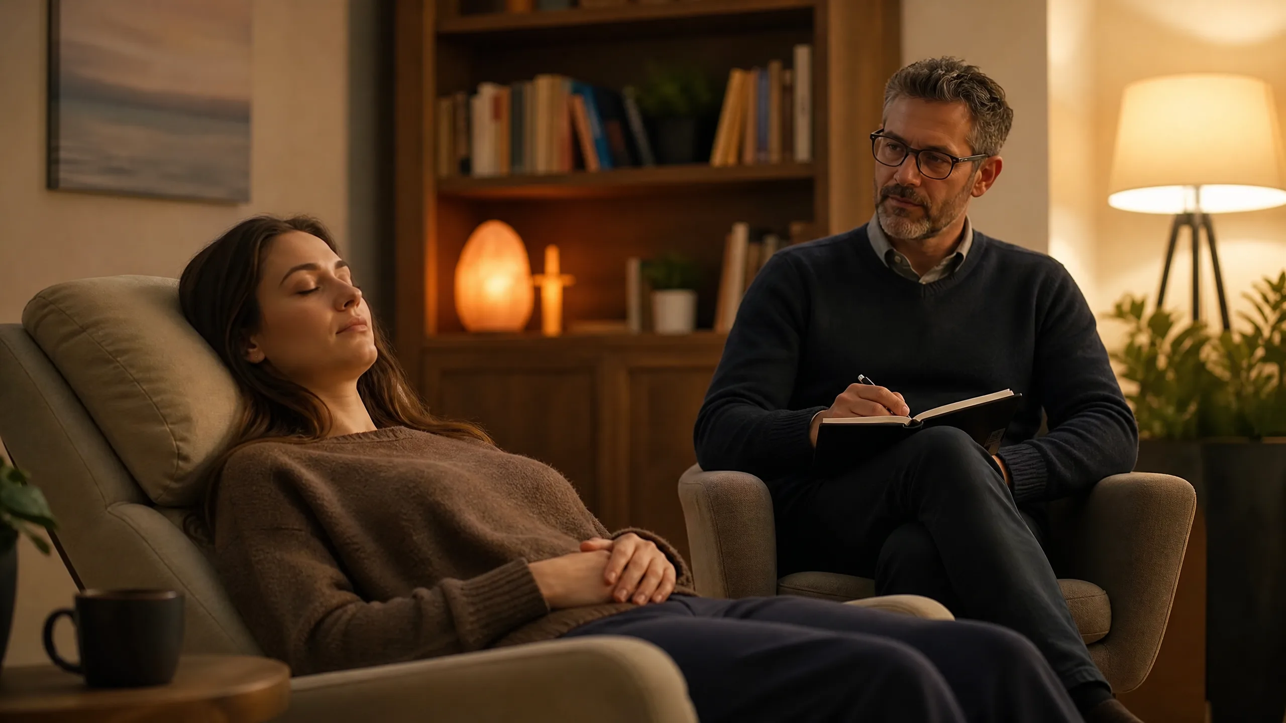 Woman rests on a sofa with eyes closed as a male therapist in glasses takes notes in a warm living room setting.