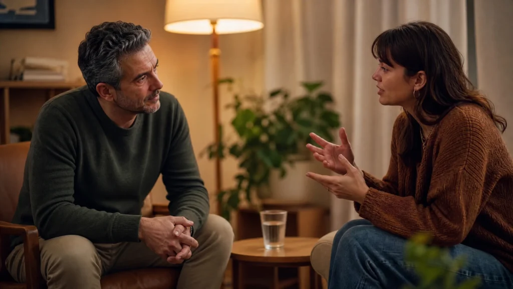 Two adults sit facing each other in a cozy living room, deep in conversation; a lamp and plants glow in the background.