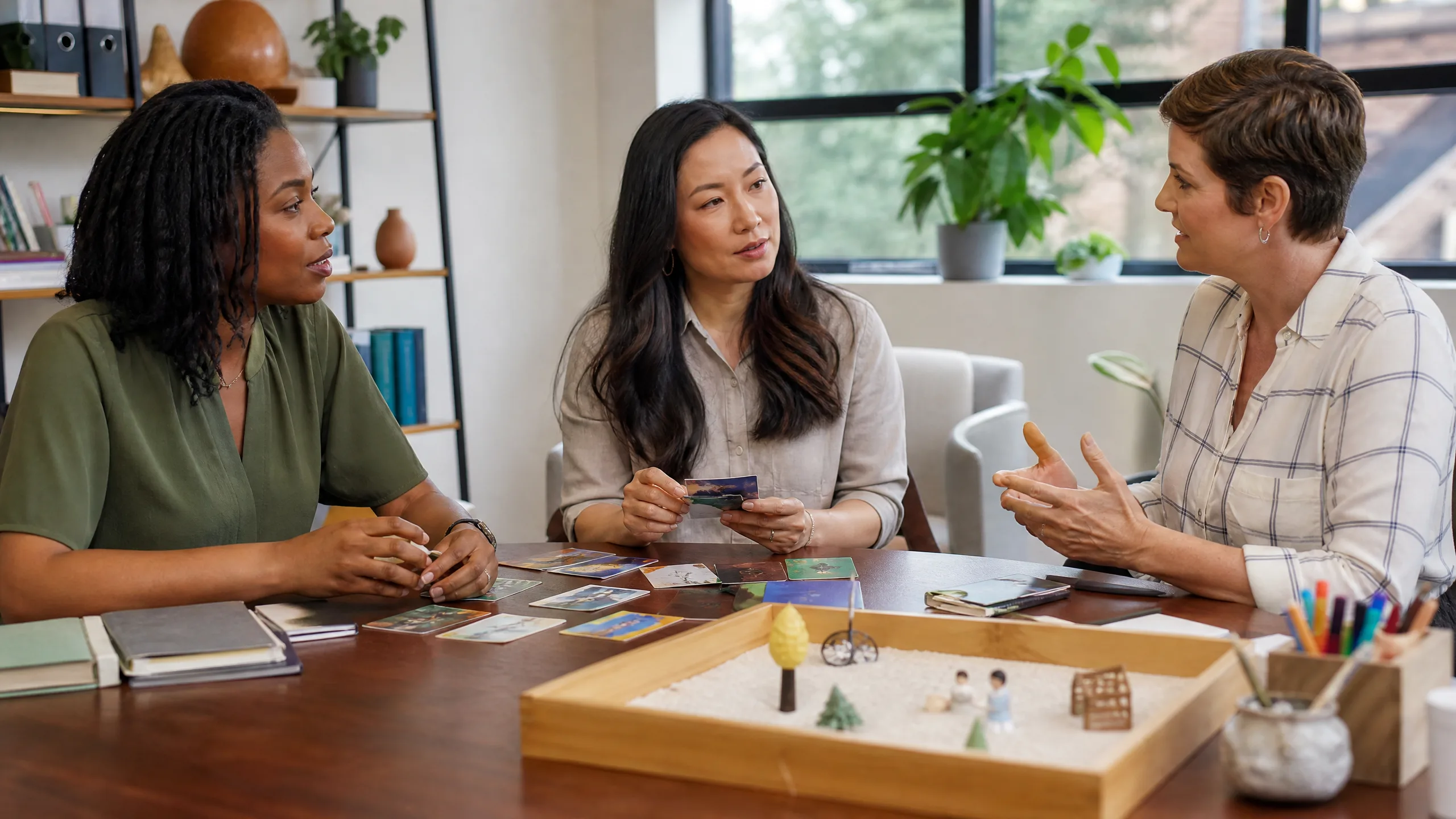 Three coworkers sit around a table playing a card-based game and talking in a bright office.