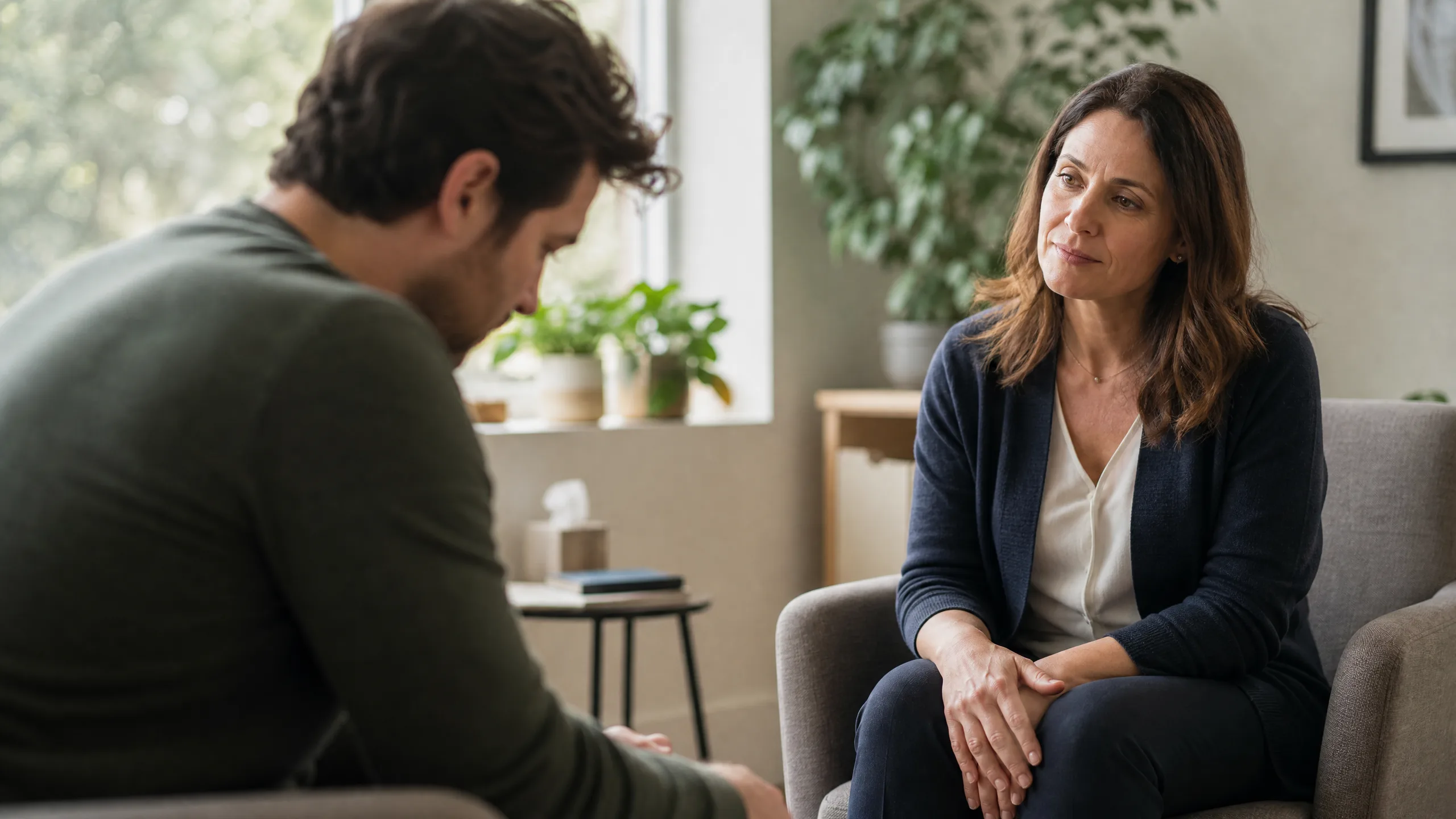 Two adults sit facing each other in a cozy, well-lit room, engaged in a calm counseling session with a attentive woman listening.