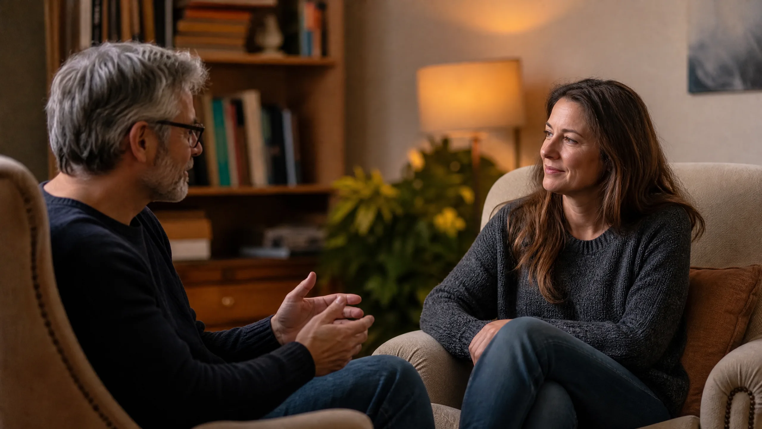 Two adults sit on a couch facing each other, talking warmly in a cozy living room.